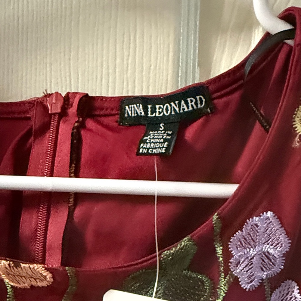 Nina Leonard Burgundy Dress with Floral Embroidery